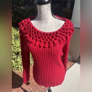Lisa International Women's Ribbed Red Fringed Pullover Vintage Sweater Medium